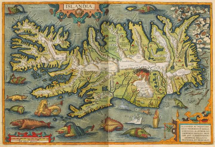 Cartografia mostrando a Islândia e alguns monstros medievais marinhos.