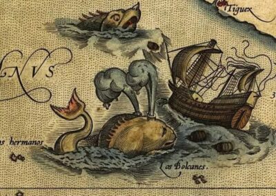 Monstro marinho virando uma embarcação. Tais desenhos também podiam apenas simbolizar locais perigosos para a navegação.